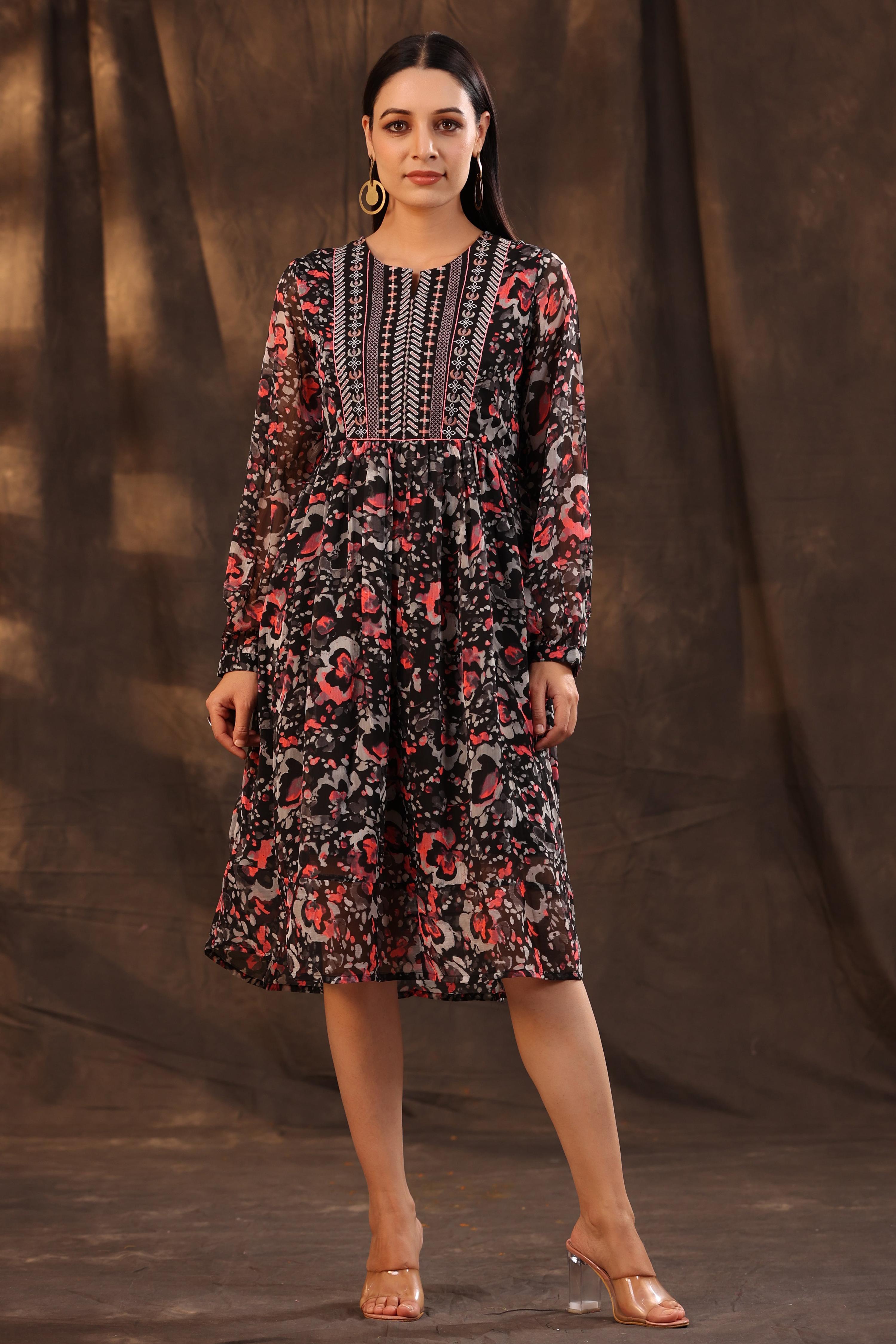Juniper Women Black Chiffon Printed Flared Dress - Distacart