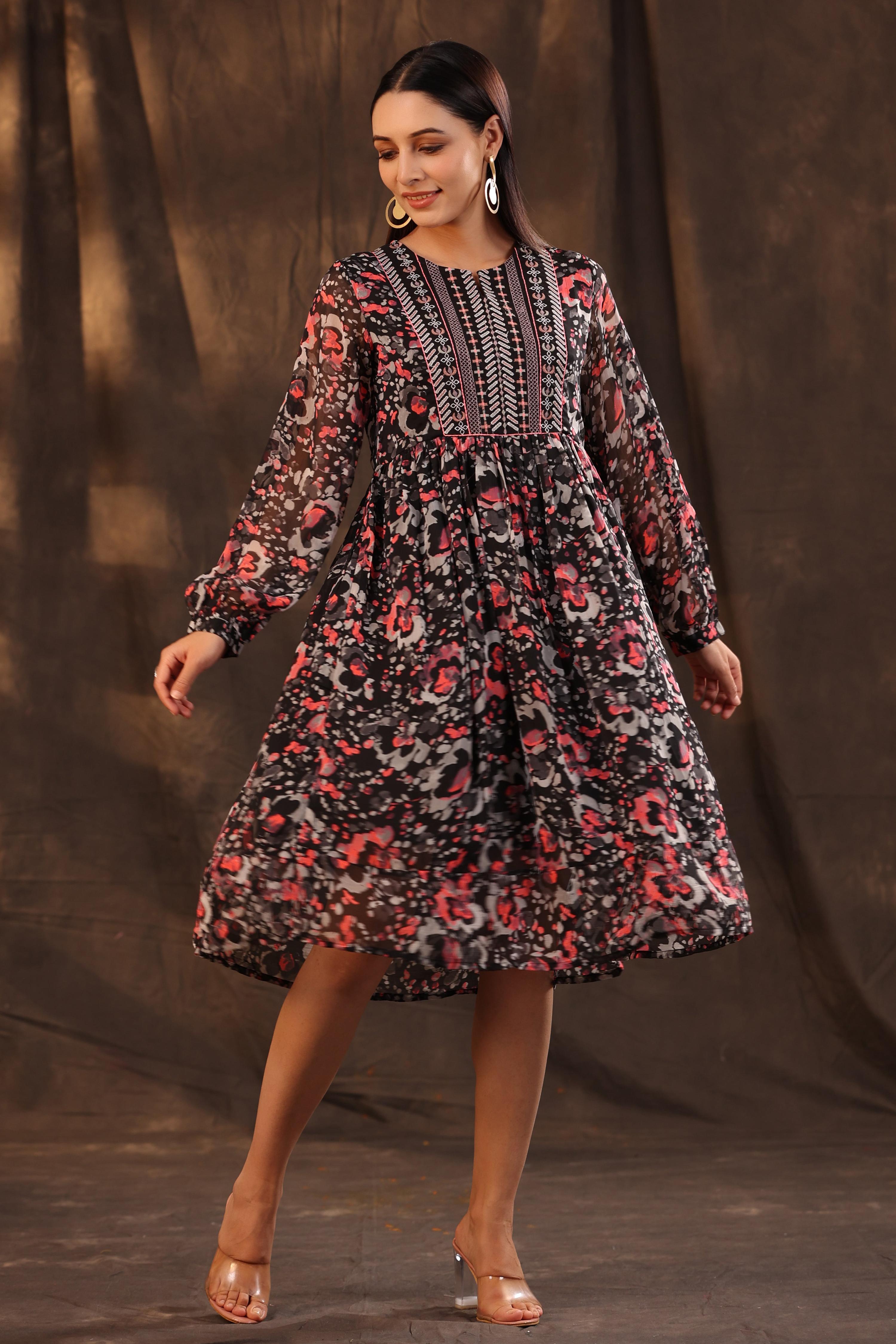 Juniper Women Black Chiffon Printed Flared Dress - Distacart