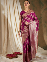 Thumbnail for Sangria Burgundy & Gold-Toned Ethnic Motifs Woven Design Zari Silk Blend Banarasi Saree - Distacart