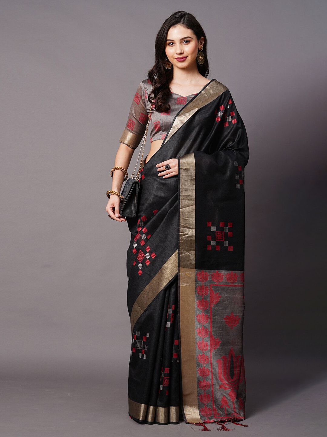 Mitera Black & Red Ethnic Motifs Silk Cotton Banarasi Saree - Distacart