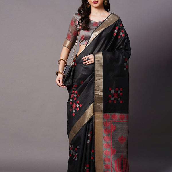 Mitera Black & Red Ethnic Motifs Silk Cotton Banarasi Saree - Distacart
