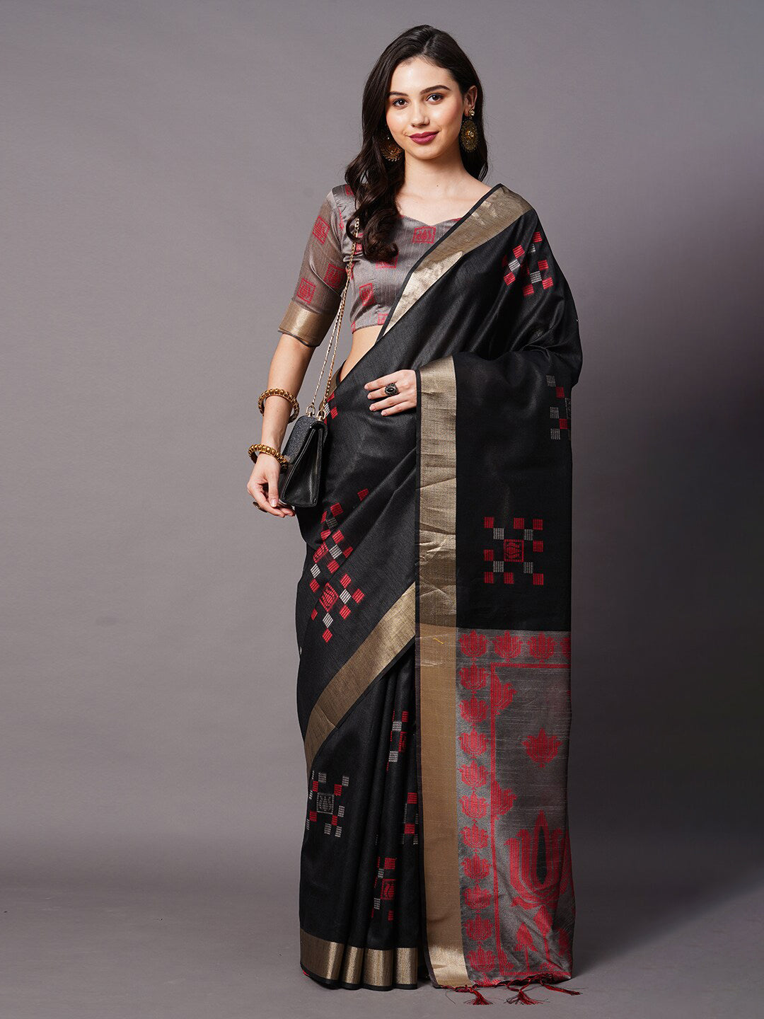 Mitera Black & Red Ethnic Motifs Silk Cotton Banarasi Saree - Distacart