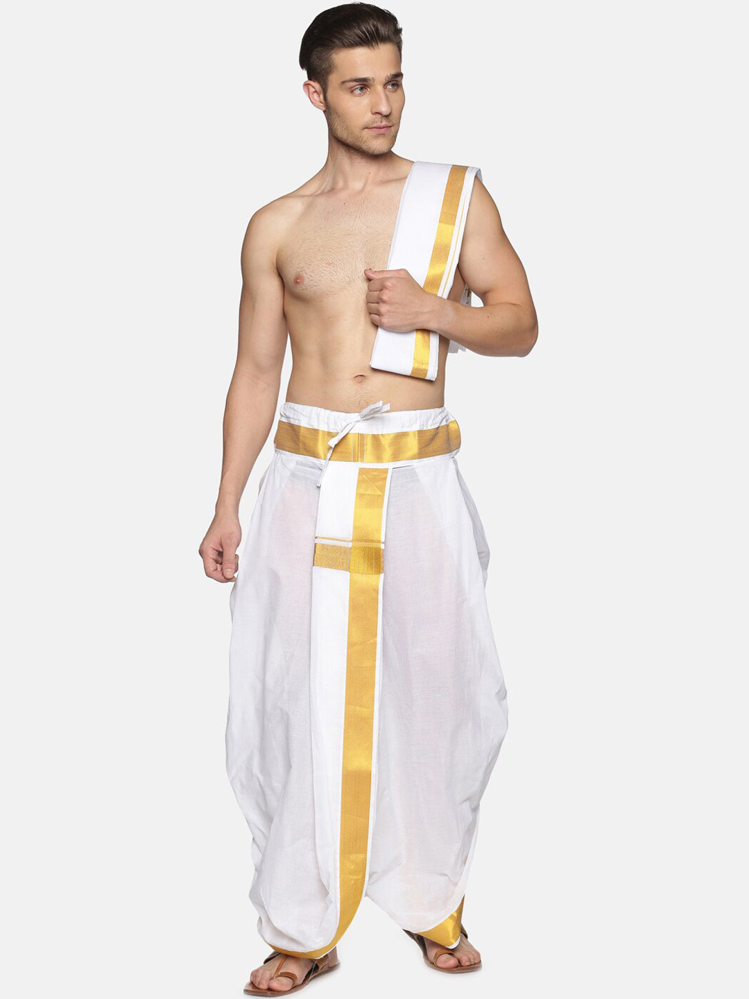 Sethukrishna White & Gold-Toned Solid Ready Made Dhoti Pants - Distacart