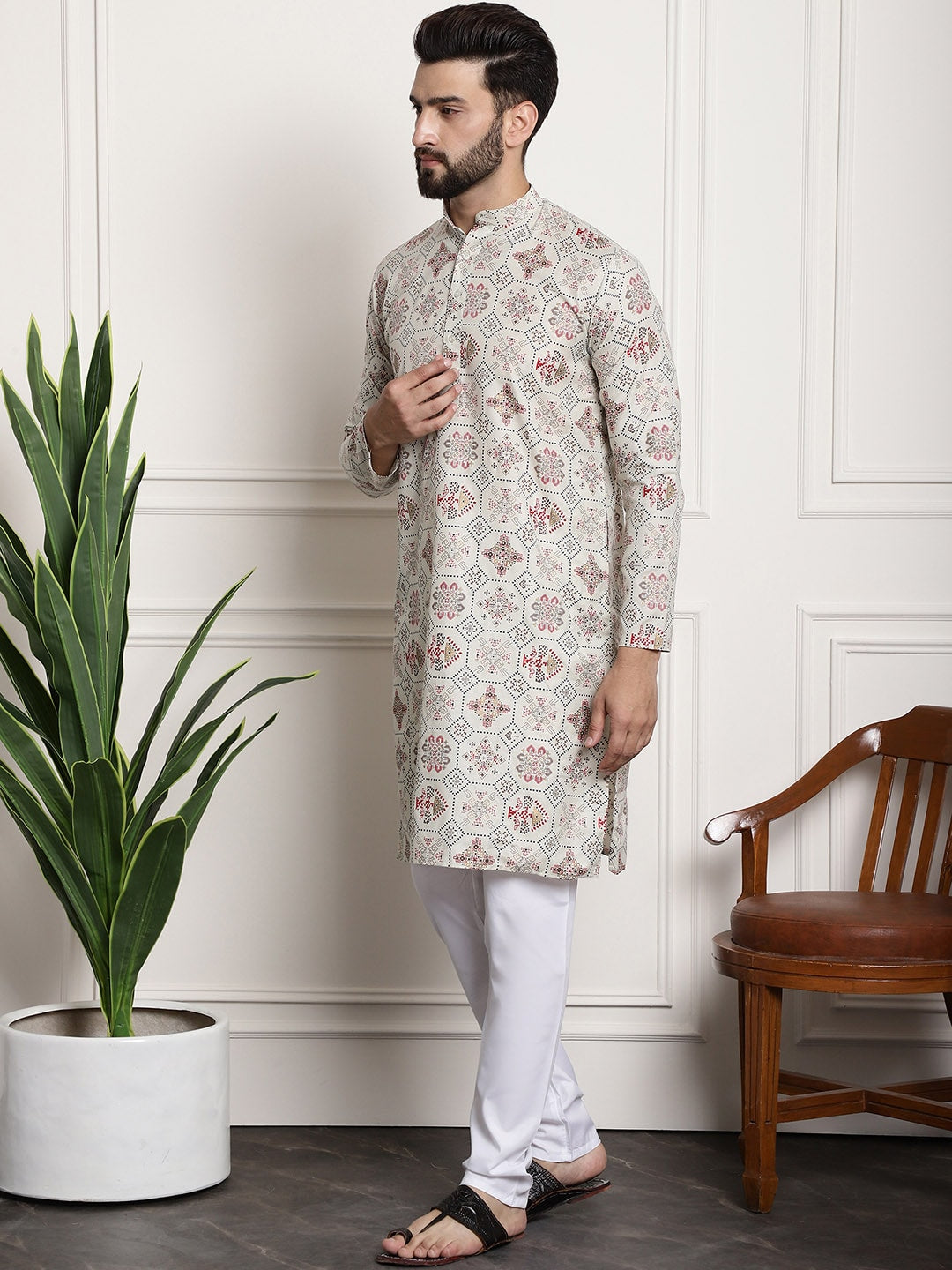 Sojanya Men Beige Printed Cotton Linen Kurta with Churidar - Distacart