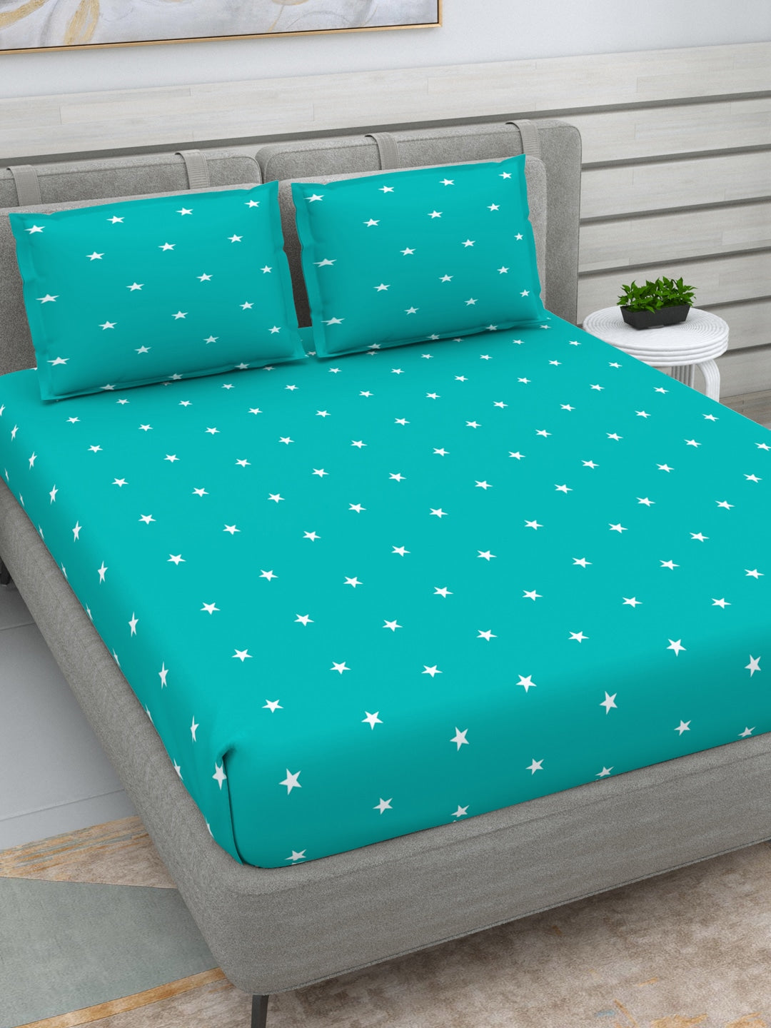 DREAM WEAVERZ Turquoise Blue & White 250 TC Pure Cotton King Bedsheet with 2 Pillow Covers - Distacart
