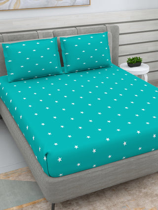DREAM WEAVERZ Turquoise Blue & White 250 TC Pure Cotton King Bedsheet with 2 Pillow Covers - Distacart