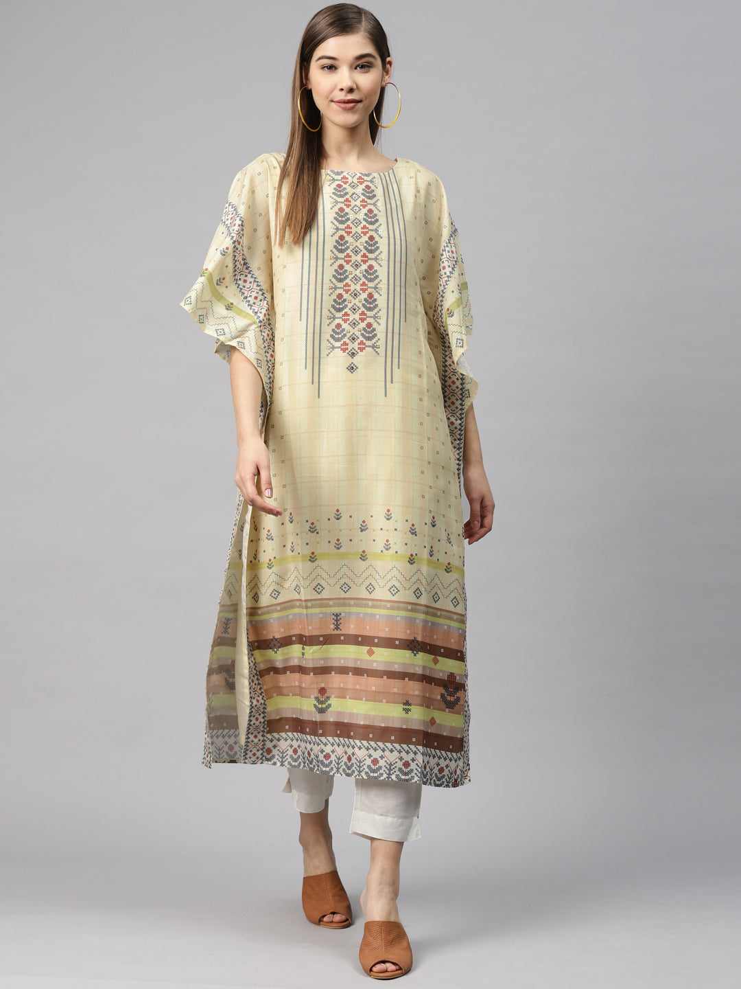 Biba Women Yellow & Navy Blue Printed Kaftan Kurta - Distacart