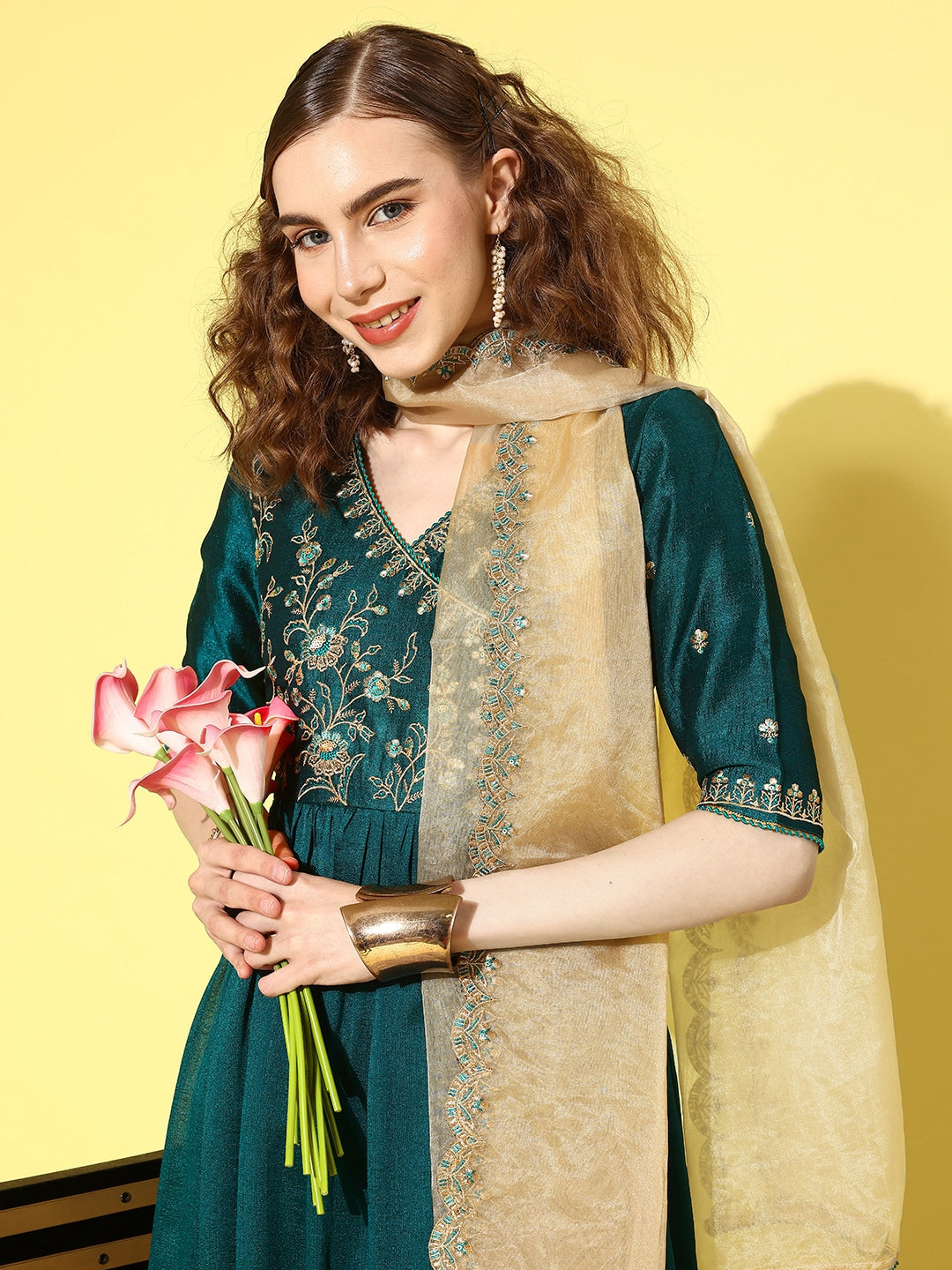 Sangria Women Floral Embroidered Angrakha Kurta with Trousers & With Dupatta - Distacart