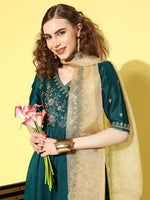 Thumbnail for Sangria Women Floral Embroidered Angrakha Kurta with Trousers & With Dupatta - Distacart