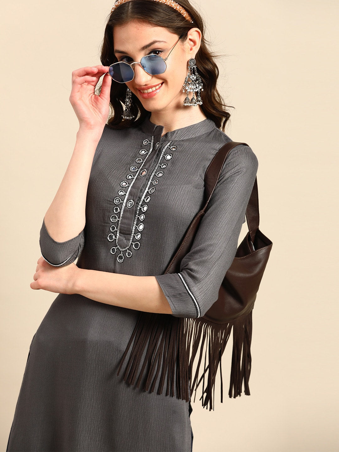 Sangria Yoke Design Mirror Work Kurta - Distacart