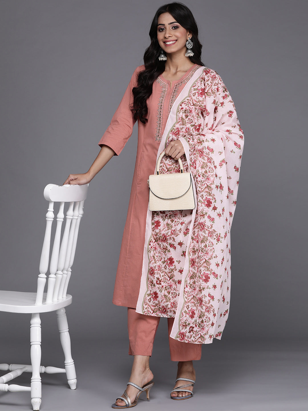 Biba Women Mauve Ethnic Motifs Embroidered Pure Cotton Kurta with Trousers & With Dupatta - Distacart