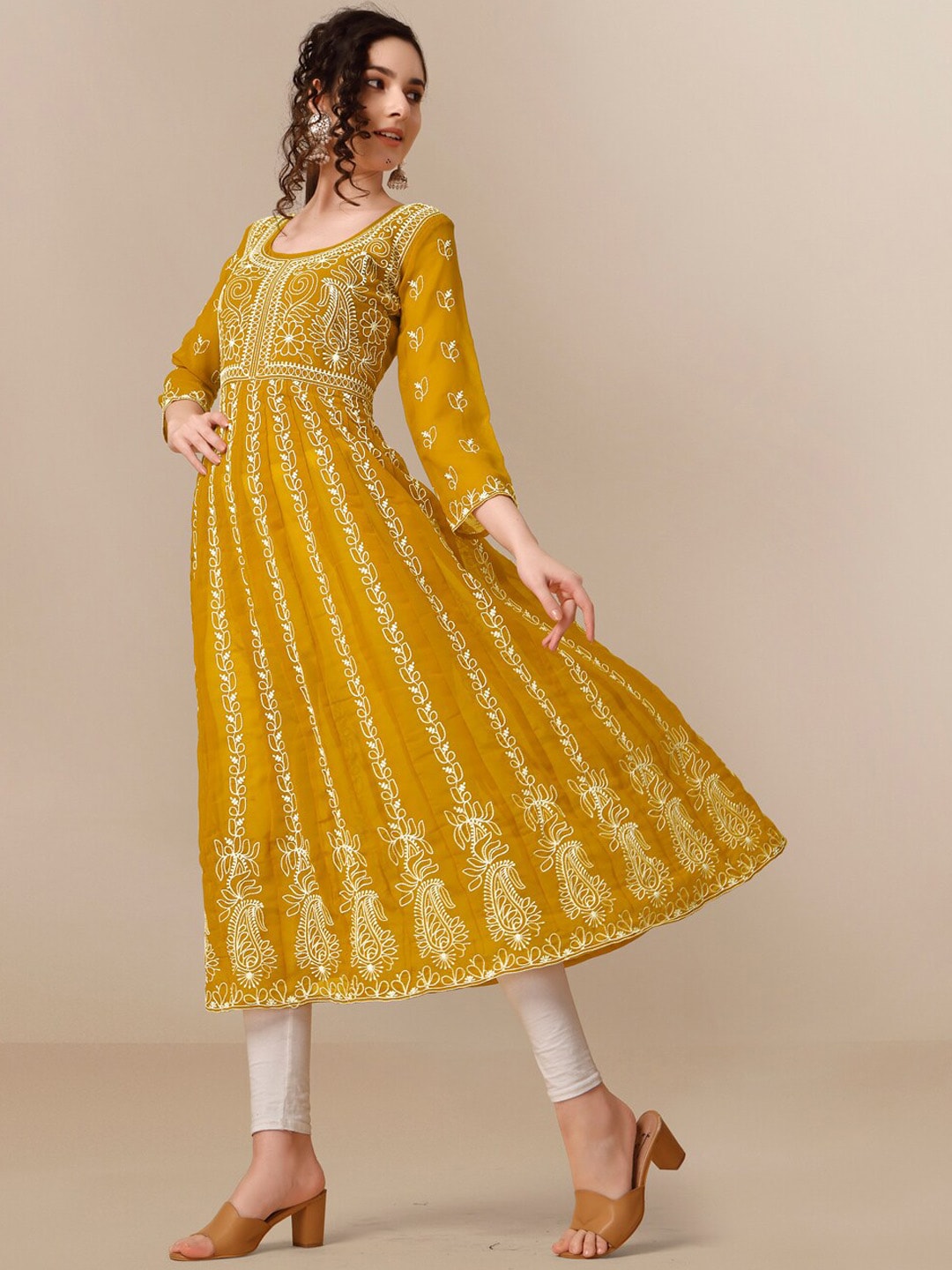 HERE&NOW Ethnic Motifs Embroidered Chikankari Georgette Anarkali Kurta - Distacart