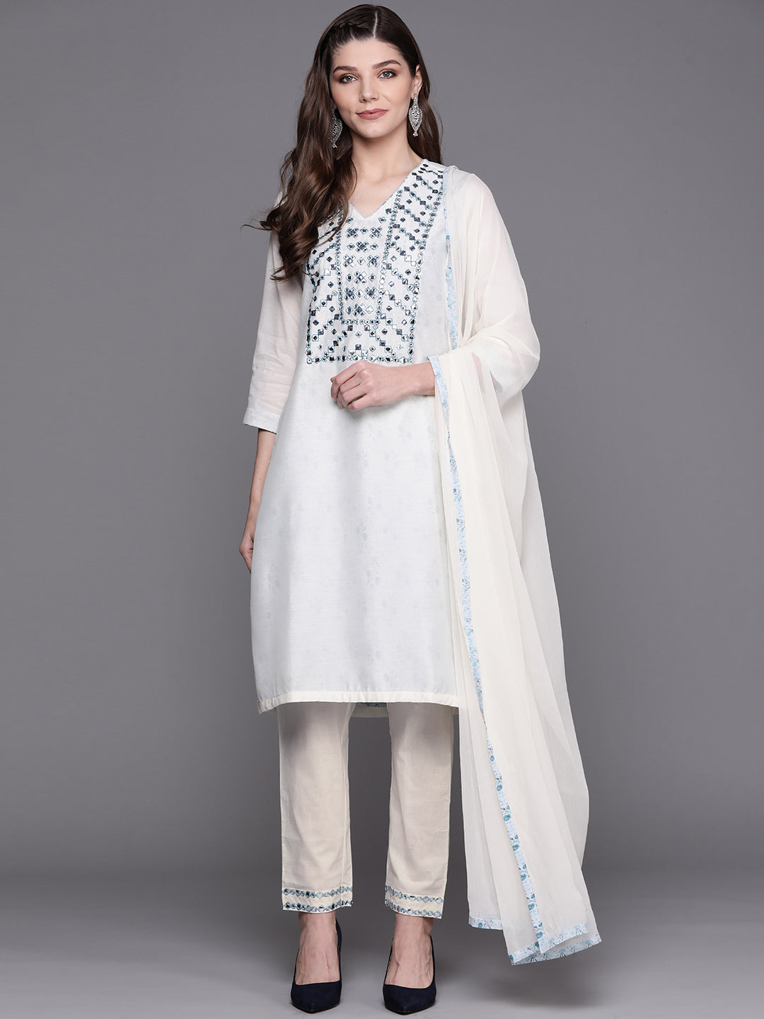 Biba Women Off-White & Blue Yoke Design Kurta with Trousers & Dupatta - Distacart