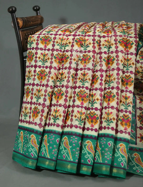 Vibrant Shades of Cream Patola Print Semi Chanderi Saree By Gayathri Reddy Designer Studio - Distacart