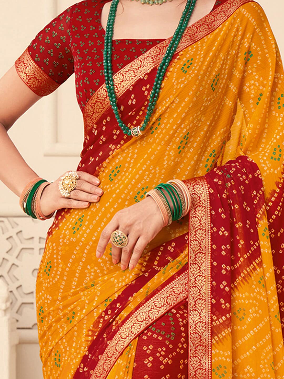 Anouk Yellow Bandhani Printed Zari Pure Chiffon Bandhani Saree - Distacart
