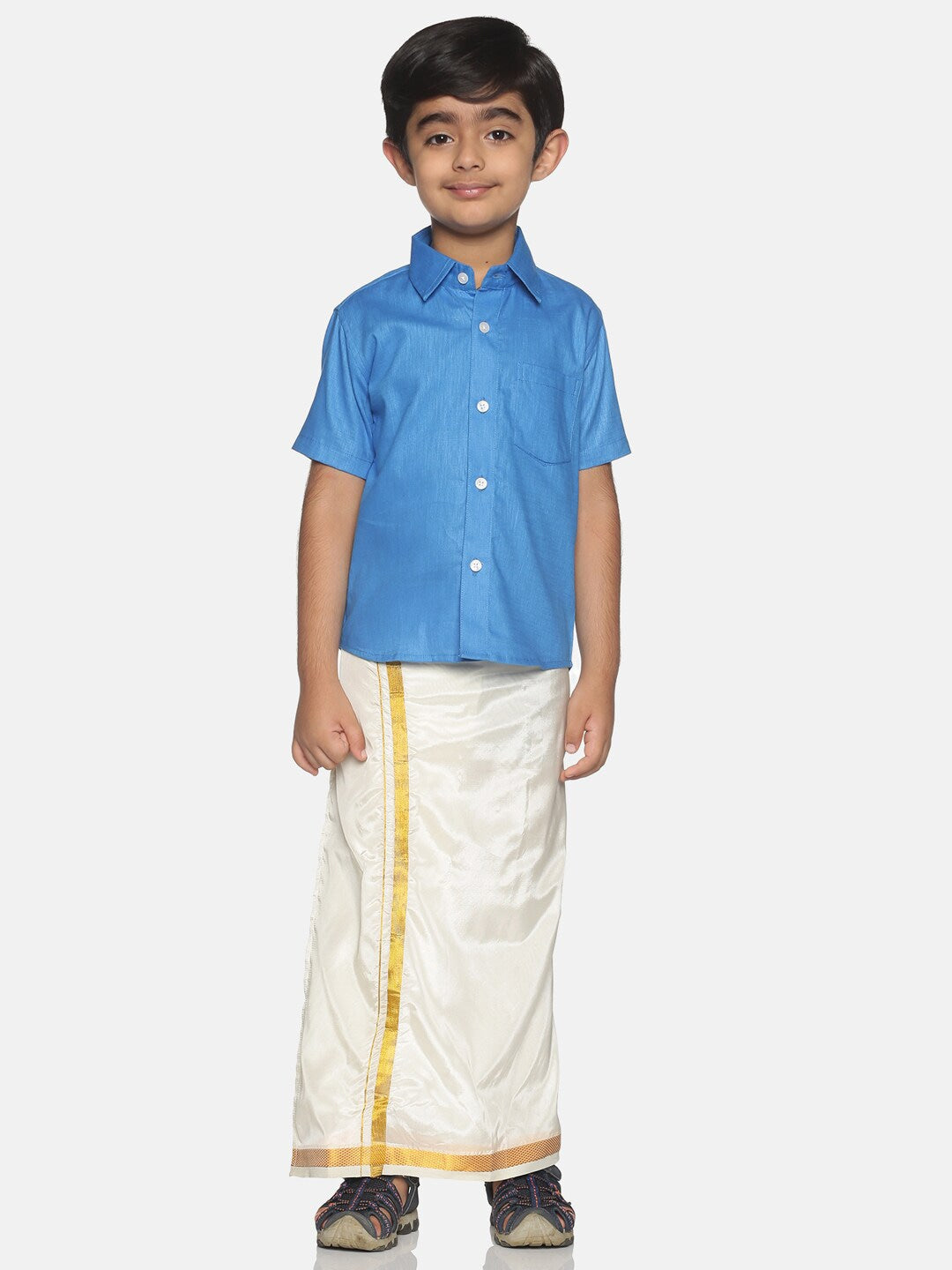 Sethukrishna Boys Blue & White Shirt with Veshti Set - Distacart