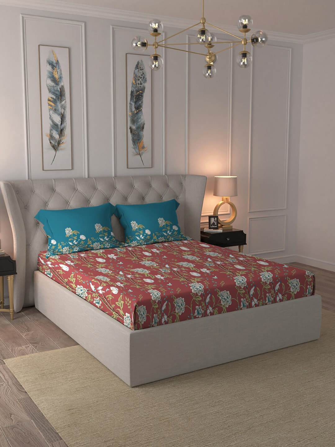 MYTRIDENT Maroon White Floral Pure Cotton 144 TC Queen Bedsheet With 2 Pillow Covers - Distacart