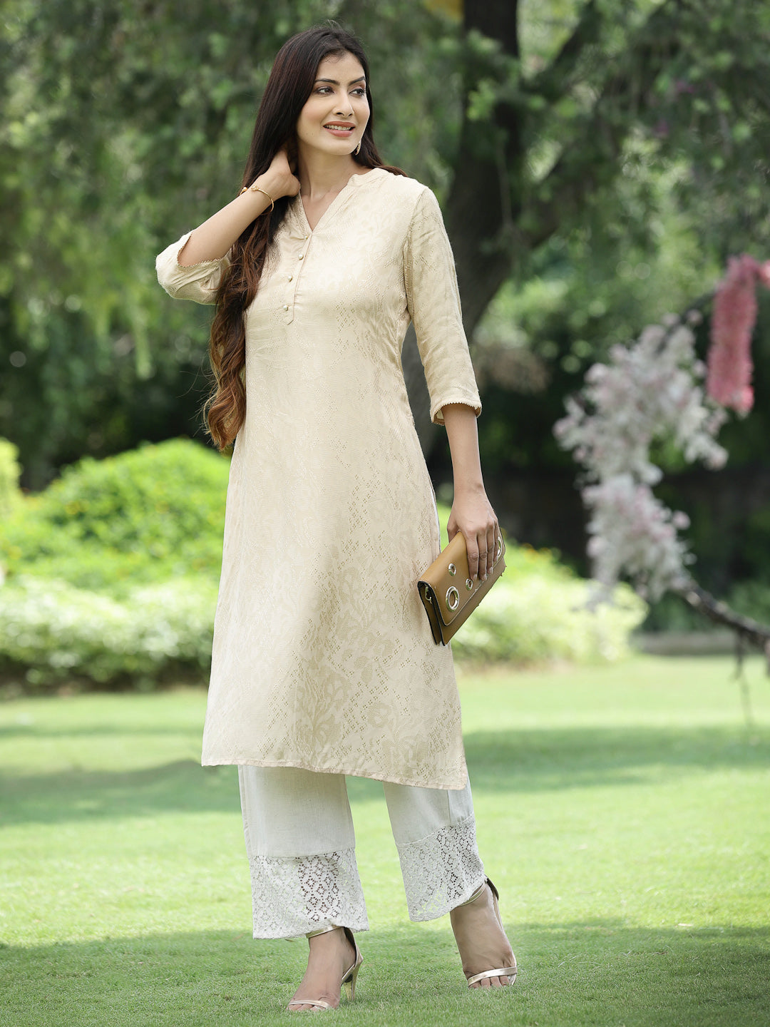Juniper Womens Ivory Rayon Jacquard Straight Kurta - Distacart