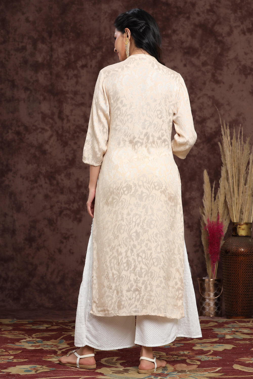 Juniper Women's Ivory Rayon Jacquard Woven - Jacquard Straight Kurta - Distacart