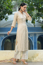Thumbnail for Juniper Women's Ivory Rayon Jacquard Woven - Jacquard Straight Kurta - Distacart