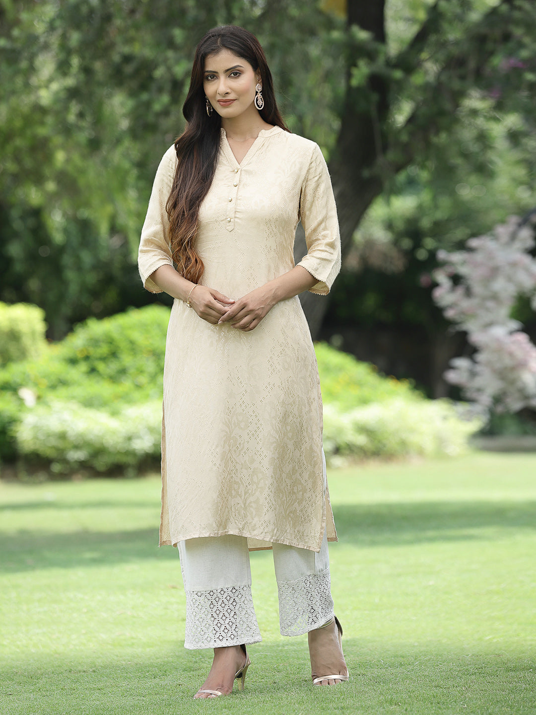 Juniper Womens Ivory Rayon Jacquard Straight Kurta - Distacart