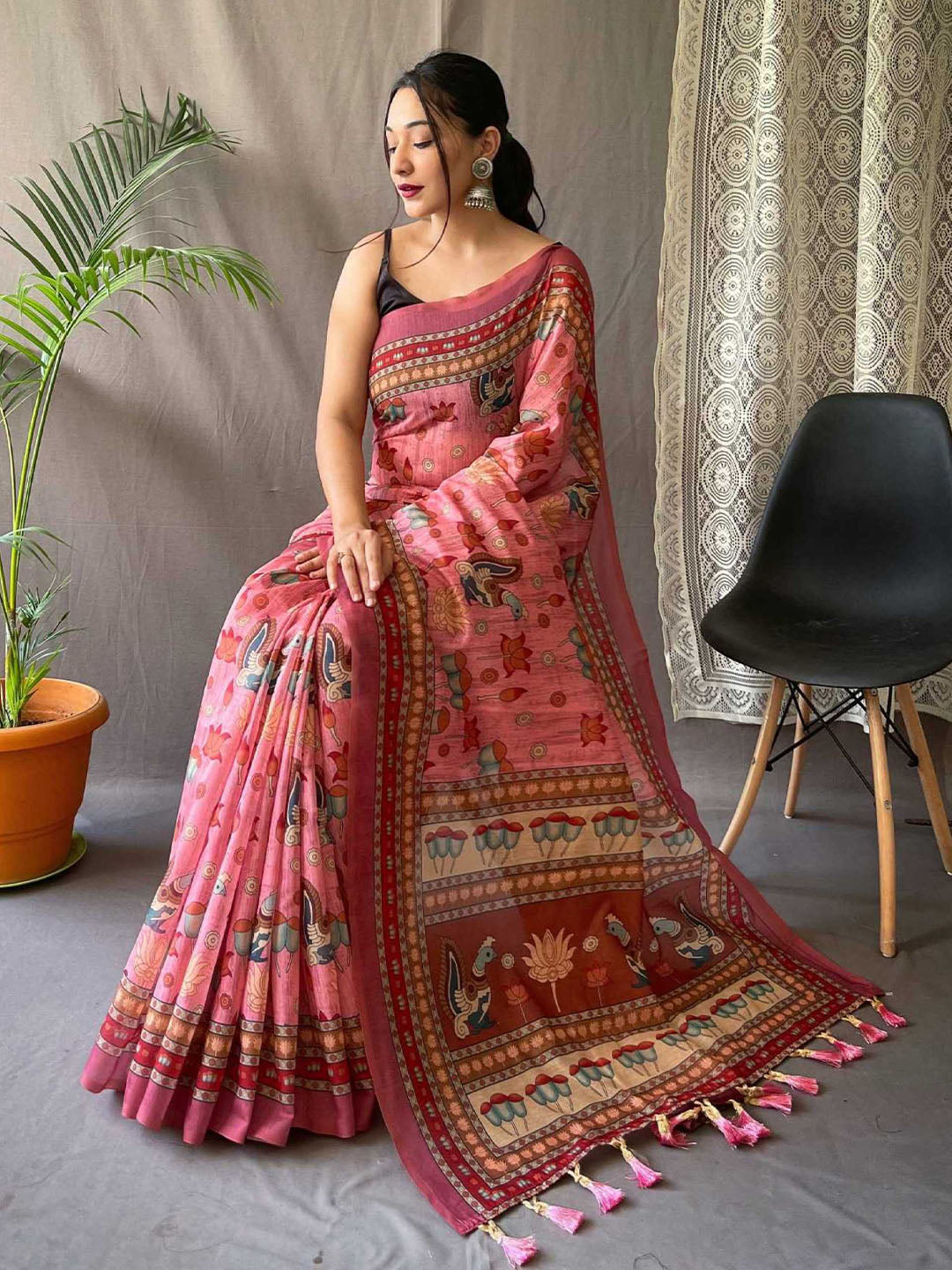 Mitera Cotton Bend Kalamkari Saree With Tassel - Distacart