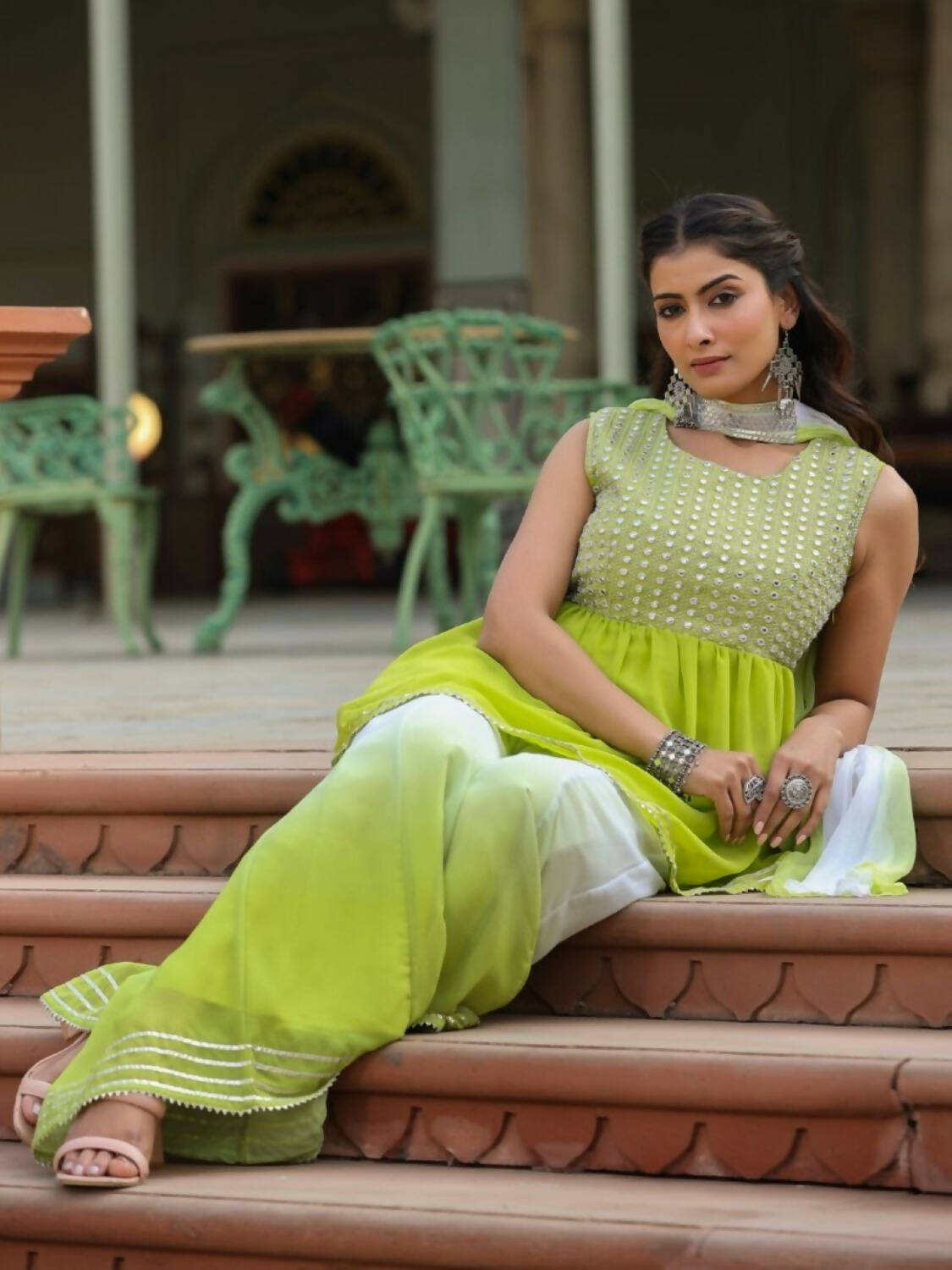 Juniper Women Green Georgette Embroidered Kurta, Palazzo and Dupatta Set - Distacart