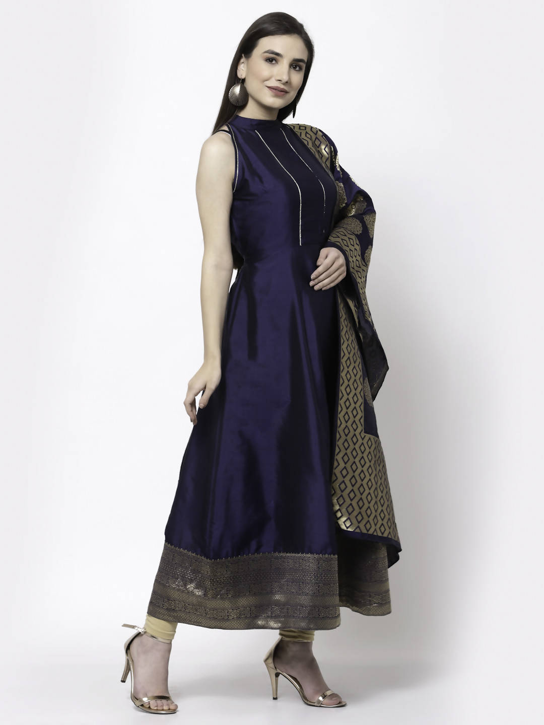 Myshka Women Blue Silk Blend Sleeveless Round Neck Gown With Dupatta