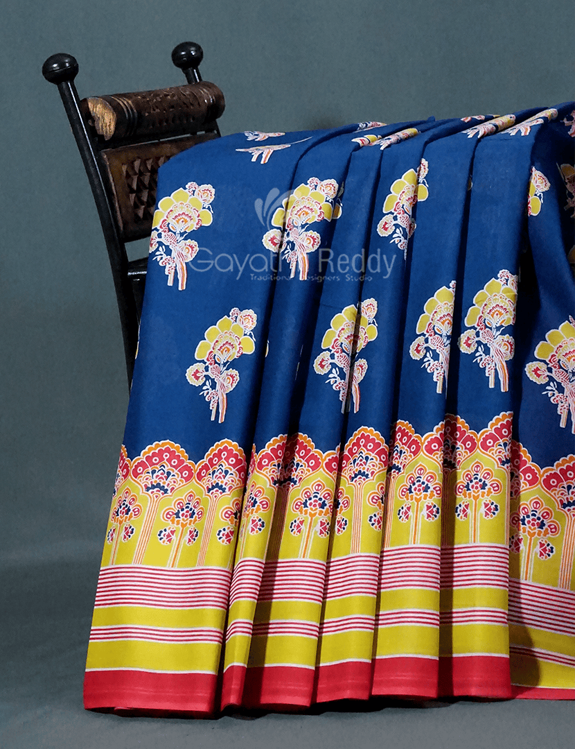 Block Print Indigo Blue Coloured Mulmul Cotton Saree By Gayathri Reddy Designer Studio - Distacart