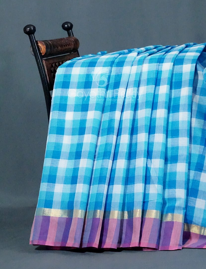 Sky Blue With Checks Pure Mangalgiri Cotton Saree By Gayathri Reddy Designer Studio - Distacart