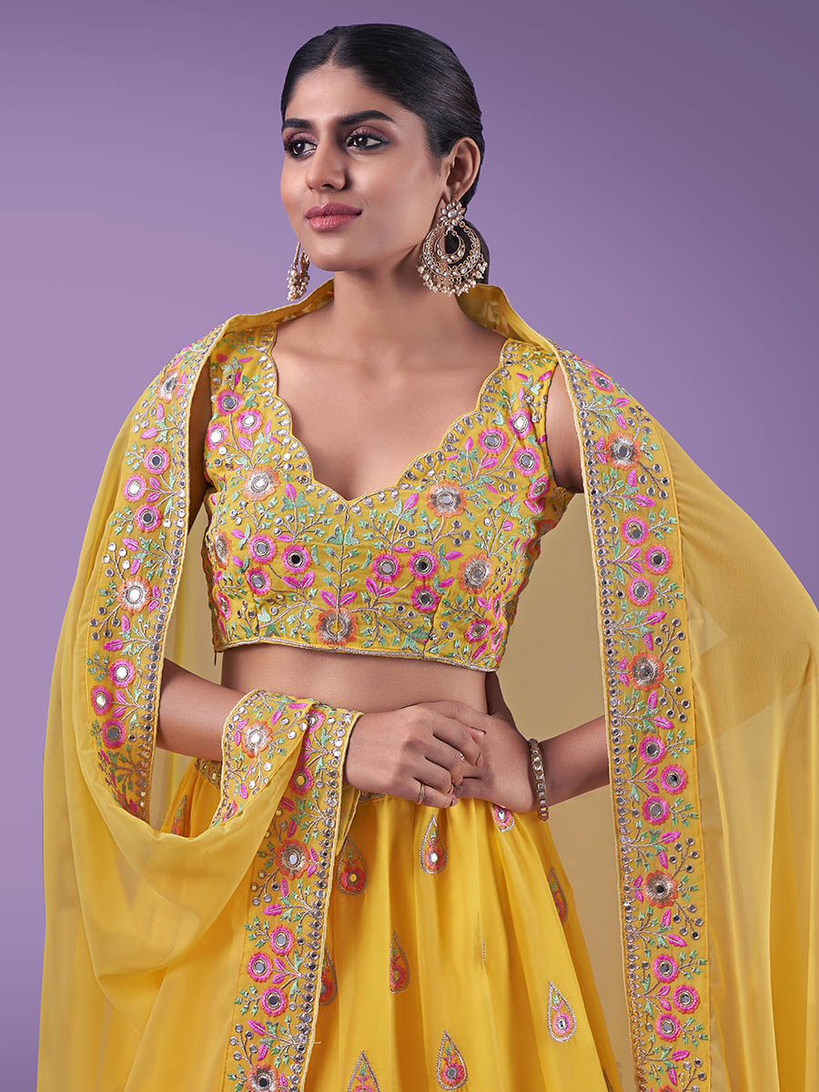 Myra Yellow Georgette Embroidered Designer Lehenga - Distacart