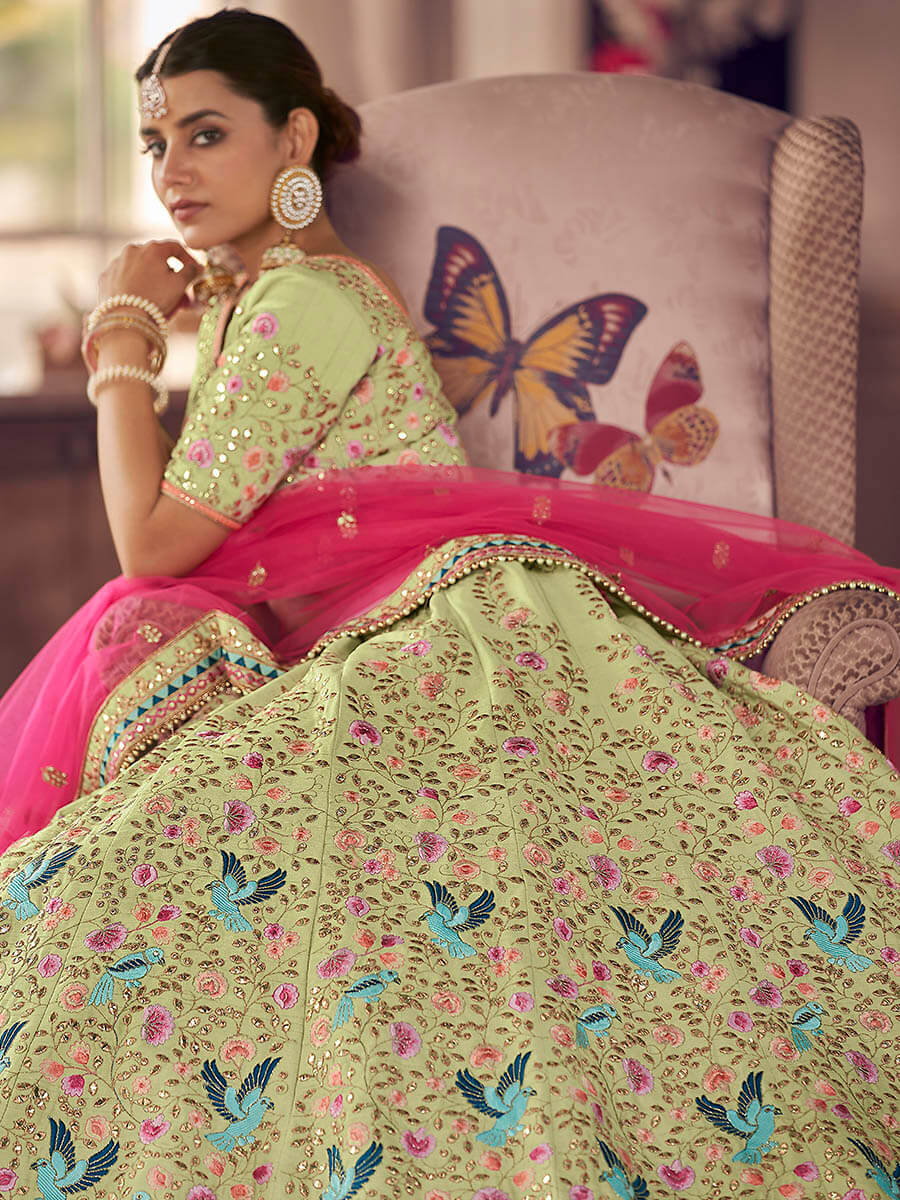 Myra Pista Green Art Silk Heavy Embroidered Lehenga - Distacart
