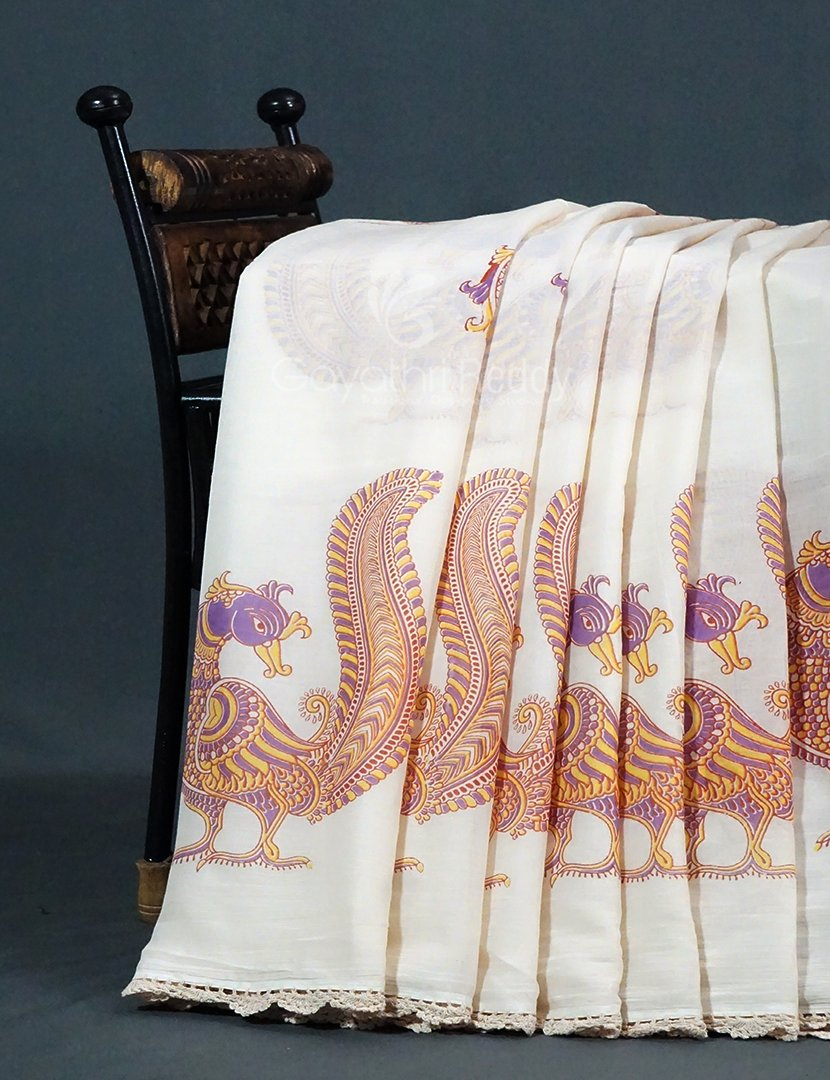 Cream Colour Block Print Crocia Mulmul Cotton Saree By Gayathri Reddy Designer Studio - Distacart