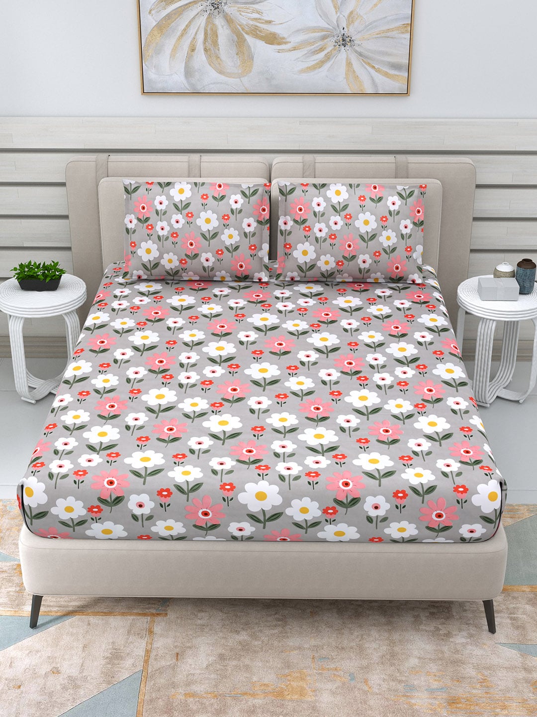 DREAM WEAVERZ Silver & Pink Pure Cotton Floral Queen Bedsheet with 2 Pillow Covers - Distacart