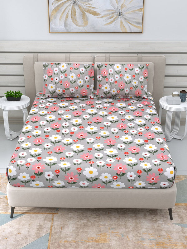 DREAM WEAVERZ Silver & Pink Pure Cotton Floral Queen Bedsheet with 2 Pillow Covers - Distacart