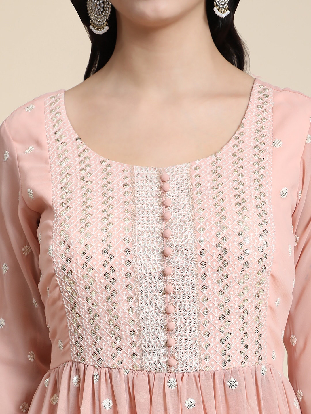 Kalini Women Peach-Coloured Ethnic Motifs Embroidered Empire Thread Work Kurta with Sharara & With Dupatta - Distacart