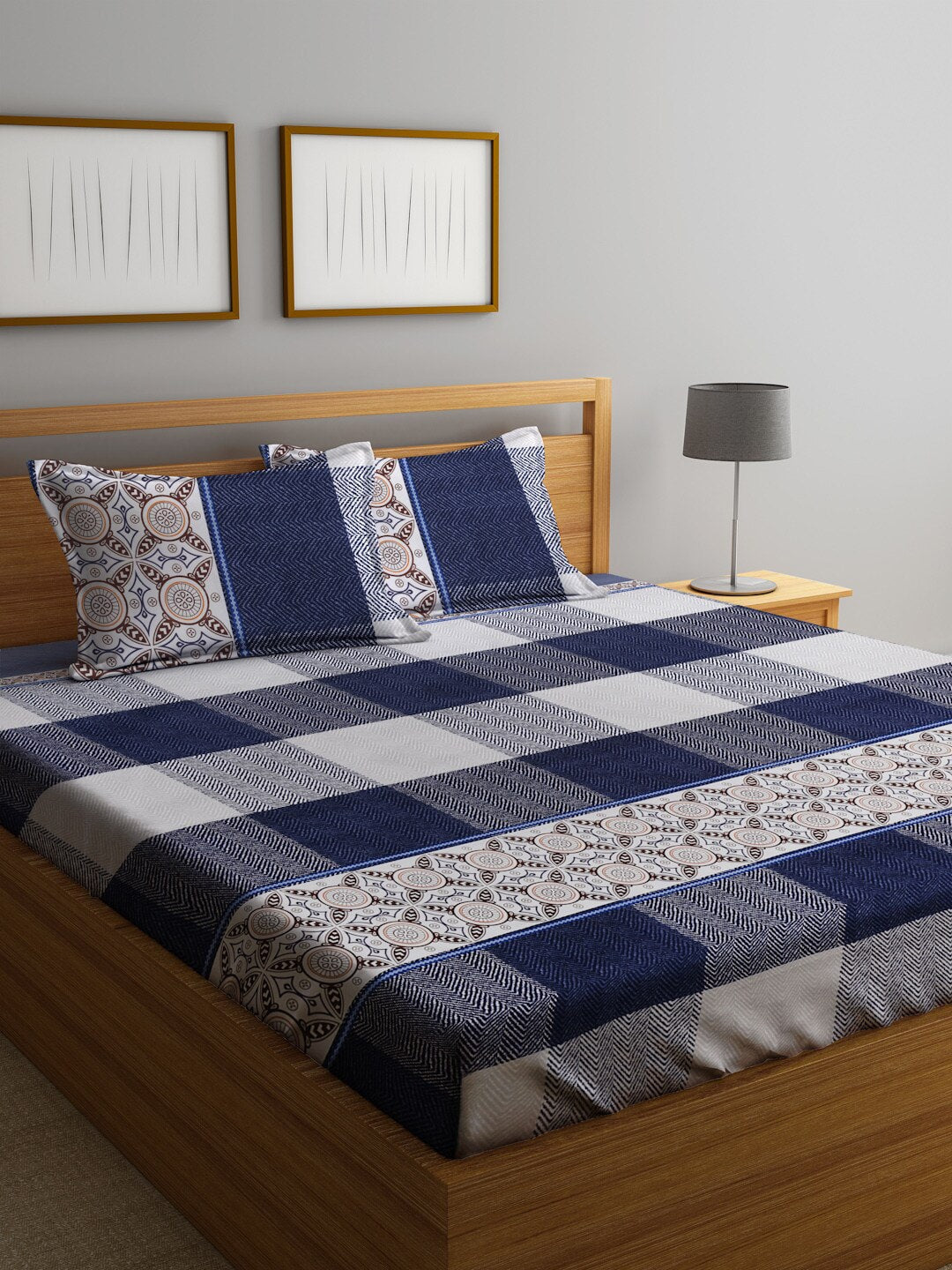 Home Sizzler Blue & White 210 TC Queen Geometric Cotton Bedsheet with 2 Pillow Covers - Distacart