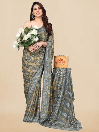 Kalini Beige & Grey Colourblocked Chiffon Block Print Saree - Distacart