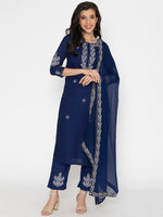 Thumbnail for Kalini Women Blue Ethnic Motifs Embroidered Thread Work Kurta with Trousers & With Dupatta - Distacart