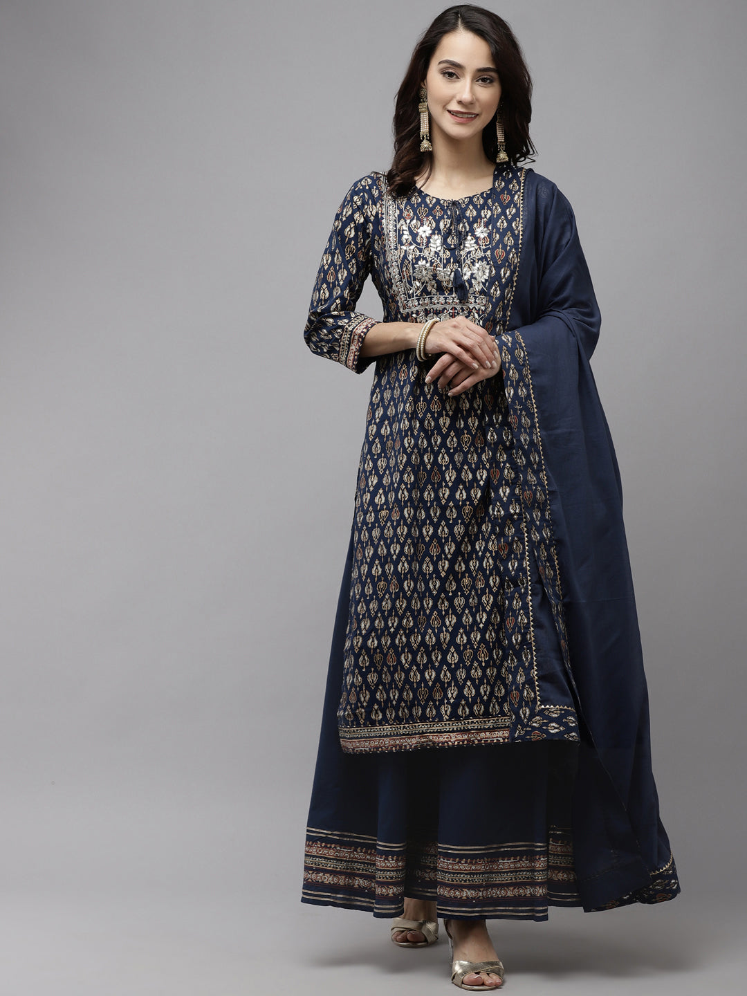 Ishin Women Navy Blue Floral Embroidered Regular Gotta Patti Pure Cotton Kurta with Palazzos & With Dupatta - Distacart