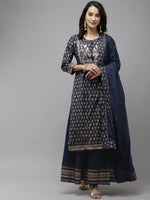 Thumbnail for Ishin Women Navy Blue Floral Embroidered Regular Gotta Patti Pure Cotton Kurta with Palazzos & With Dupatta - Distacart