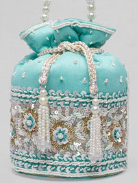 Thumbnail for Rubans Turquoise Blue Embroidered Potli Clutch - Distacart