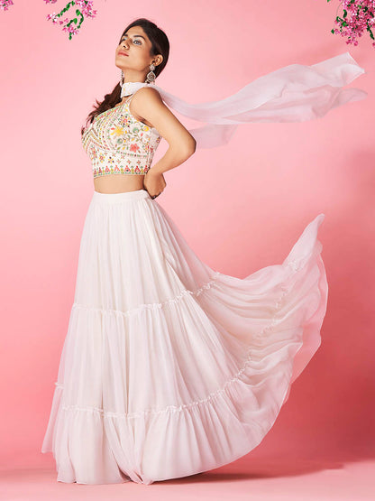 Myra White Georgette Designer Lehenga - Distacart