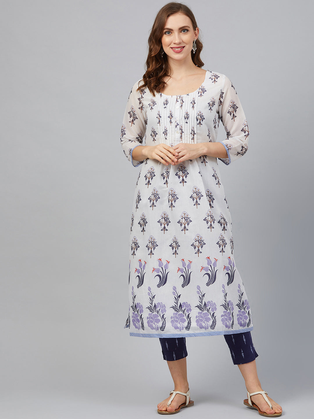 Biba Women White & Navy Blue Printed Kurta with Trousers - Distacart