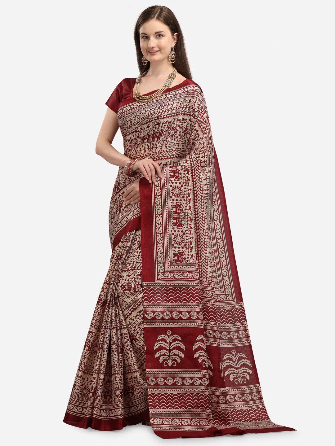 Kalini Maroon & Cream-Coloured Khadi Silk Kalamkari Saree - Distacart