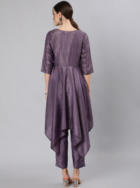 Thumbnail for Jaipur Kurti Women Purple Floral Yoke Design Empire Kurti with Trousers - Distacart