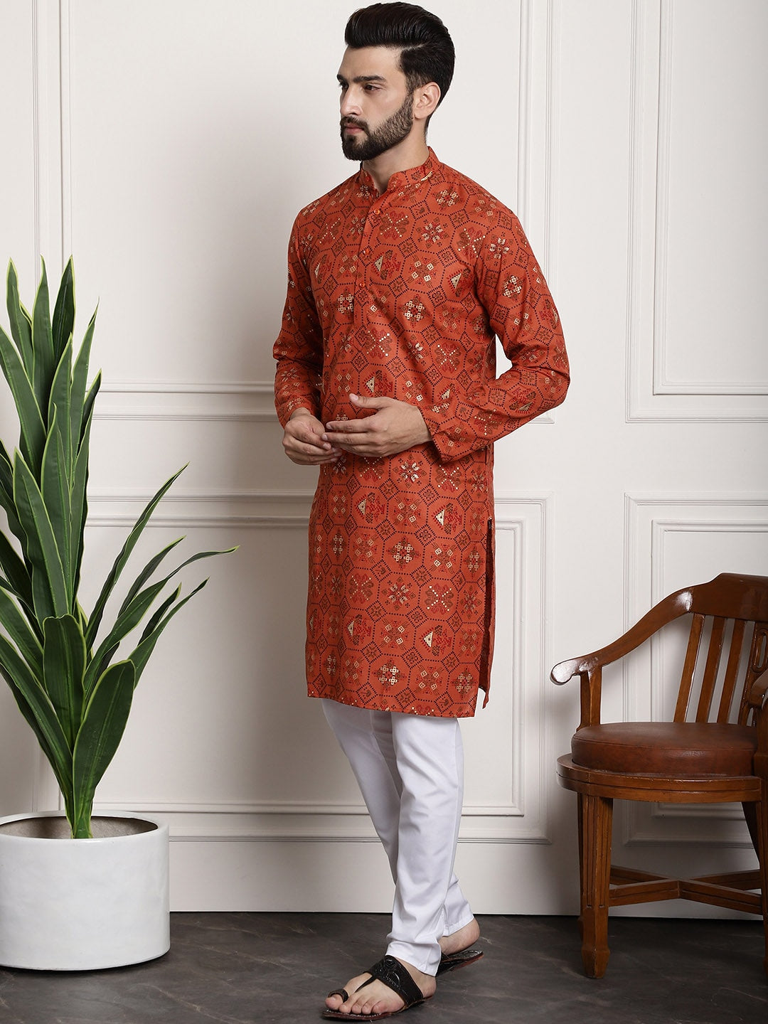 Sojanya Men Orange Printed Cotton Linen Kurta with Churidar - Distacart