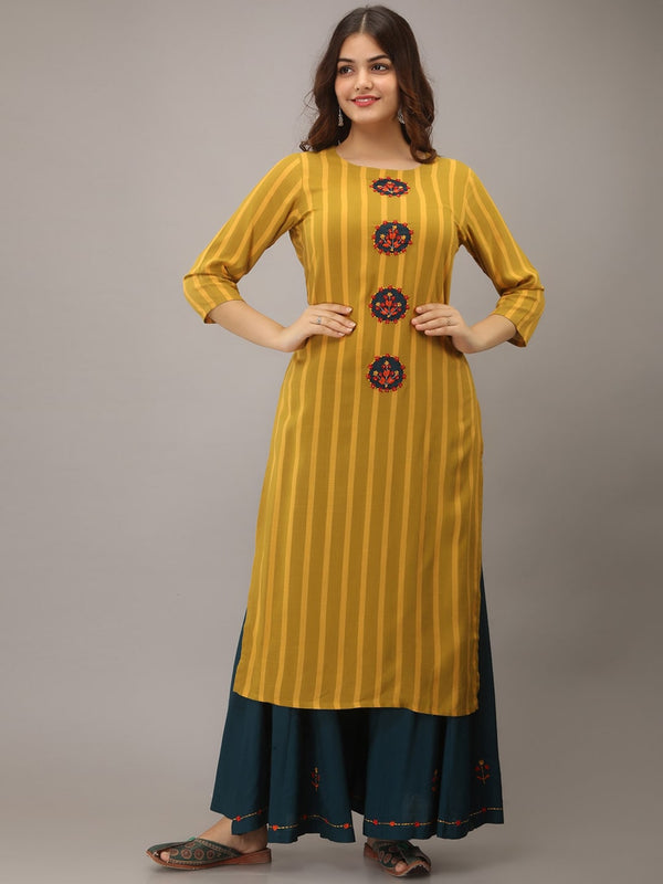 Kalini Women Yellow Embroidered Kantha Work Kurta with Skirt - Distacart