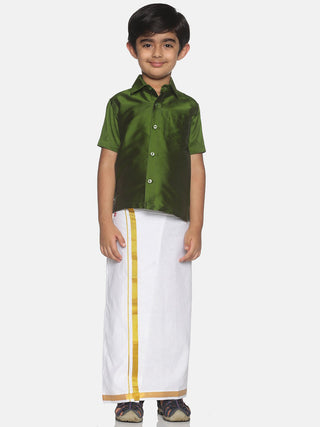 Sethukrishna Olive Green & White Solid Shirt and Veshti For Boys - Distacart