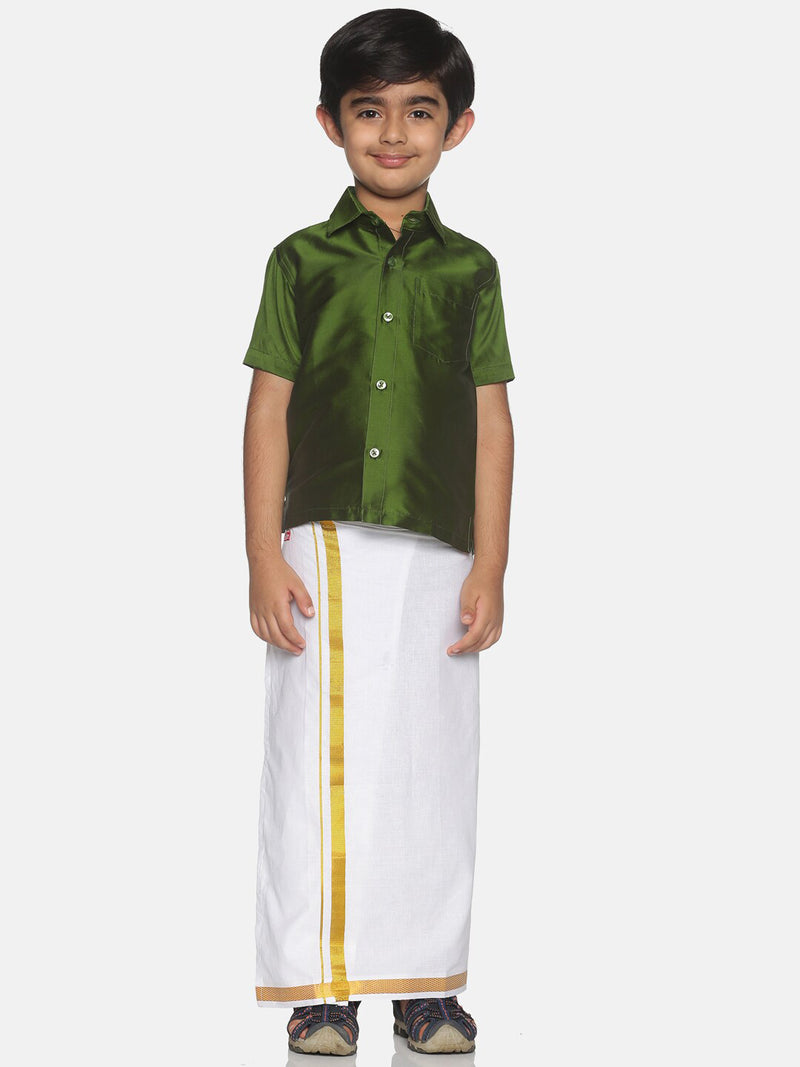 Sethukrishna Olive Green &amp; White Solid Shirt and Veshti For Boys - Distacart